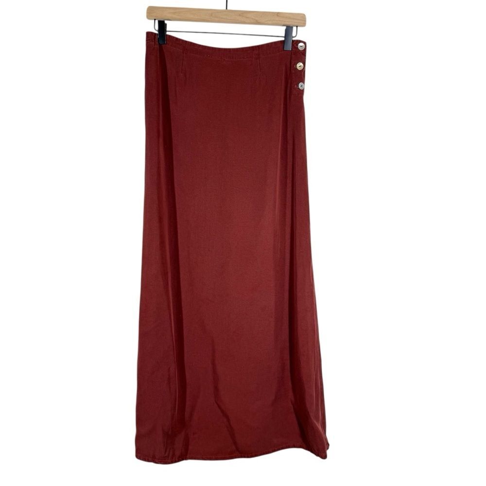 Vintage Cut Loose Tencel Wine Maroon Maxi Skirt USA Made Shell Button Size Small